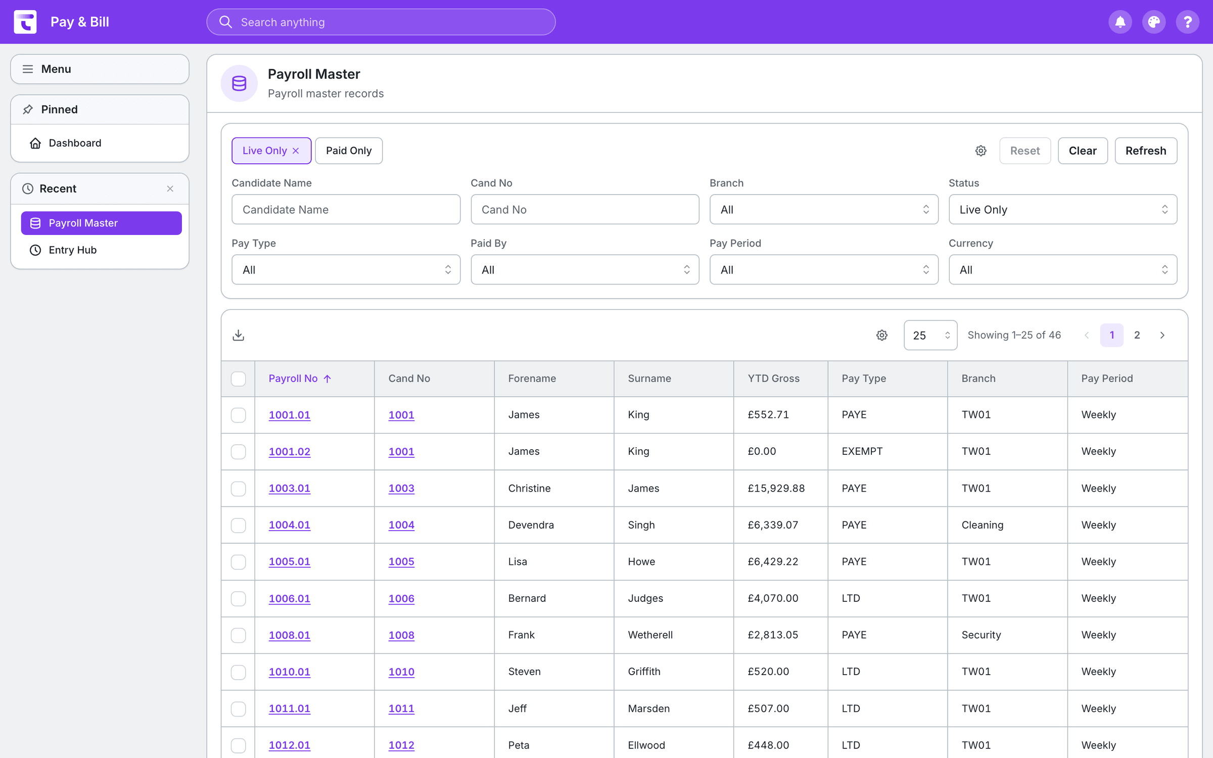 Payroll Master in Pay & Bill: workers with their pay type, branch and year-to-date gross pay.
